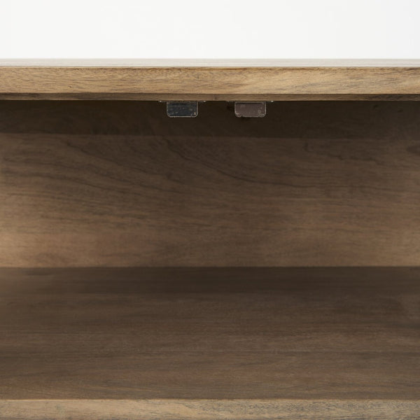 Mercana Arelius Sculptural Accent Cabinet with Glass Doors, Solid Wood & Metal Base for Modern Interiors Light Brown Wood | Black Metal 69226