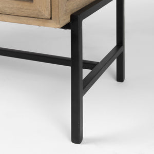 Mercana Arelius Sculptural Accent Cabinet with Glass Doors, Solid Wood & Metal Base for Modern Interiors Light Brown Wood | Black Metal 69226