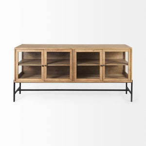 Mercana Arelius Sideboard with Glass Cabinet Doors - Stylish Storage Solution for Modern Living Spaces Light Brown Wood | Black Metal 69227