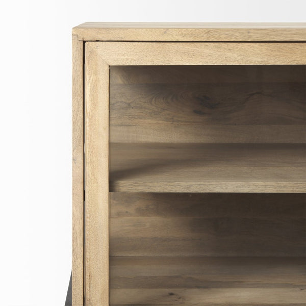 Mercana Arelius Sideboard with Glass Cabinet Doors - Stylish Storage Solution for Modern Living Spaces Light Brown Wood | Black Metal 69227