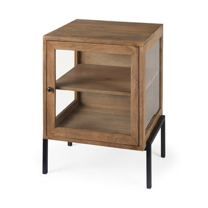 Mercana Arelius End Table: Elegant Mango Wood with Glass Shadowbox and Matte Black Frame for Modern Living Light Brown Wood | Black Metal 69206