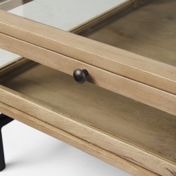 Mercana Arelius 42" Glass-Top Display Coffee Table with Sturdy Metal Base for Stylish Home Décor Showcase Light Brown Wood | Black Metal | Square 69228