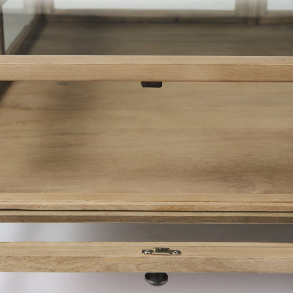 Mercana Arelius 42" Glass-Top Display Coffee Table with Sturdy Metal Base for Stylish Home Décor Showcase Light Brown Wood | Black Metal | Square 69228