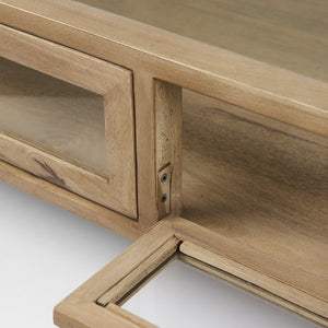 Mercana Arelius 42" Glass-Top Display Coffee Table with Sturdy Metal Base for Stylish Home Décor Showcase Light Brown Wood | Black Metal | Square 69228