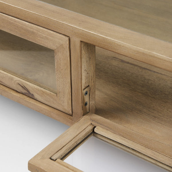 Mercana Arelius 42" Glass-Top Display Coffee Table with Sturdy Metal Base for Stylish Home Décor Showcase Light Brown Wood | Black Metal | Square 69228