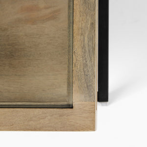 Mercana Arelius 42" Glass-Top Display Coffee Table with Sturdy Metal Base for Stylish Home Décor Showcase Light Brown Wood | Black Metal | Square 69228