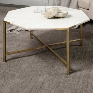 Mercana Vincent 33" Octagonal Coffee Table with Luxe Marble Top and Elegant Crisscross Iron Base Design 68850-AB