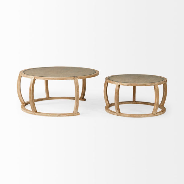 Mercana Hubbard Set of 2 Coastal-Inspired Round Woven Tables with Solid Wood Base for Versatile Use 68503