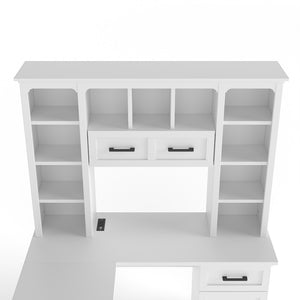 English Elm L-shaped Home Office Desk with Open Shelves Flip Shelf Cabinets and Drawer Storage White W1580S00492