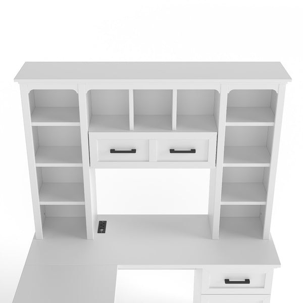 English Elm L-shaped Home Office Desk with Open Shelves Flip Shelf Cabinets and Drawer Storage White W1580S00492