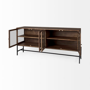 Mercana Arelius Sideboard with Glass Cabinet Doors - Stylish Storage Solution for Modern Living Spaces Medium Brown Wood | Black Metal 69293