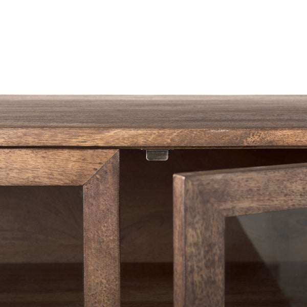 Mercana Arelius Sideboard with Glass Cabinet Doors - Stylish Storage Solution for Modern Living Spaces Medium Brown Wood | Black Metal 69293