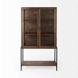 Mercana Arelius 36" Wide Display Cabinet with Solid Mango Wood and Glass Panels for Modern Homes and Offices Medium Brown Wood | Black Metal 69299