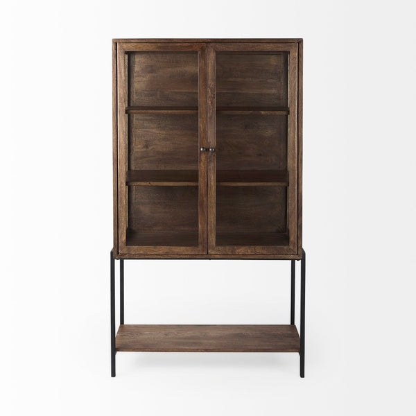 Mercana Arelius 36" Wide Display Cabinet with Solid Mango Wood and Glass Panels for Modern Homes and Offices Medium Brown Wood | Black Metal 69299