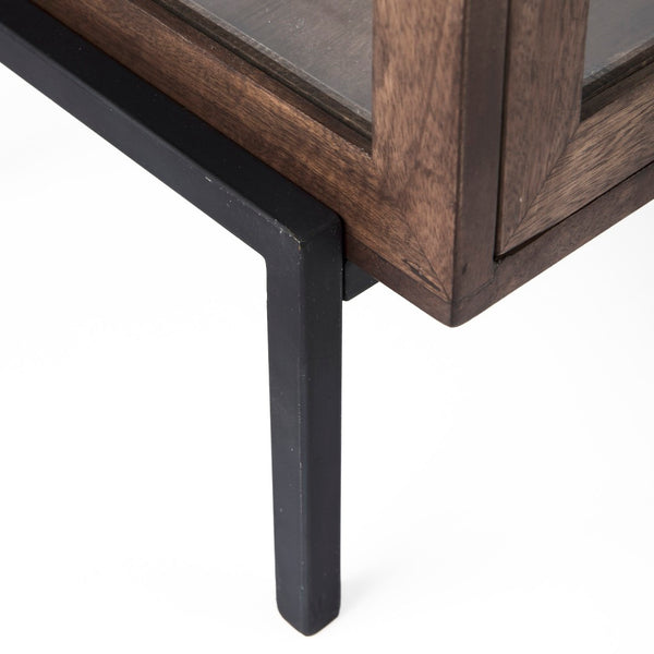 Mercana Arelius End Table: Elegant Mango Wood with Glass Shadowbox and Matte Black Frame for Modern Living Medium Brown Wood | Black Metal 69302