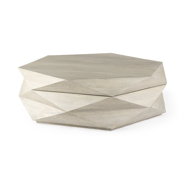 Mercana Arreto Hexagonal Coffee Table with Hydraulic Lift-Top Storage for Modern Living Room Elegance White Wood 69542