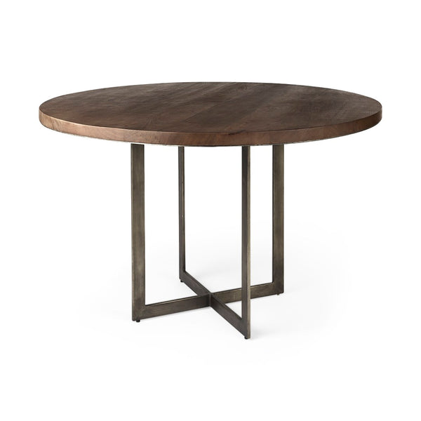 Mercana Faye Round Dining Table - Solid Mango Wood with Antique Nickel Base for Elegant Gatherings & Style 48" Med Brown Wood Top | Antique Nickel Metal Base 69176-AB