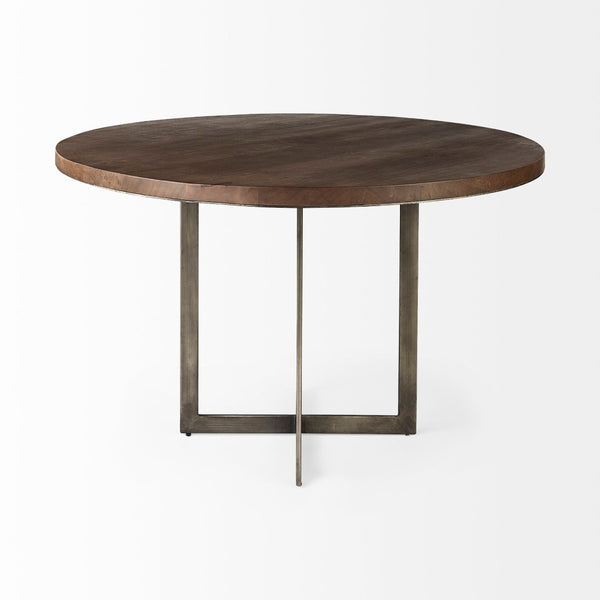 Mercana Faye Round Dining Table - Solid Mango Wood with Antique Nickel Base for Elegant Gatherings & Style 48" Med Brown Wood Top | Antique Nickel Metal Base 69176-AB
