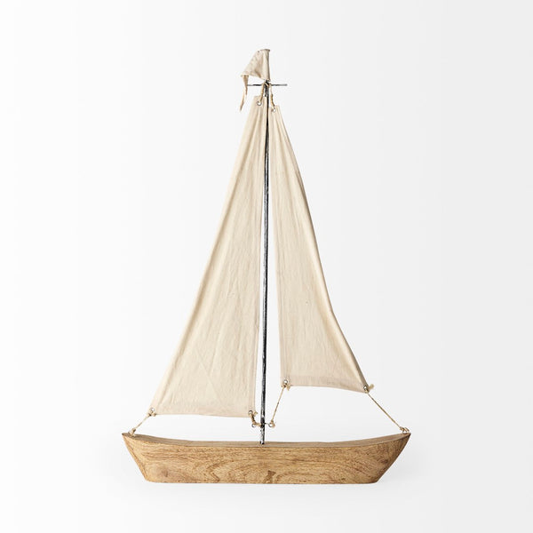 Mercana Tartane Nautical Sailboat Sculpture - Handcrafted Coastal Accent for Modern Home Decor Display Brown/Cream Wood | 32H 68692