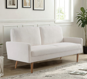 English Elm Velvet Upholstered Three Seat Sofa with Tapered Rubberwood Legs Mid Century European Style Ivory B2735P291969