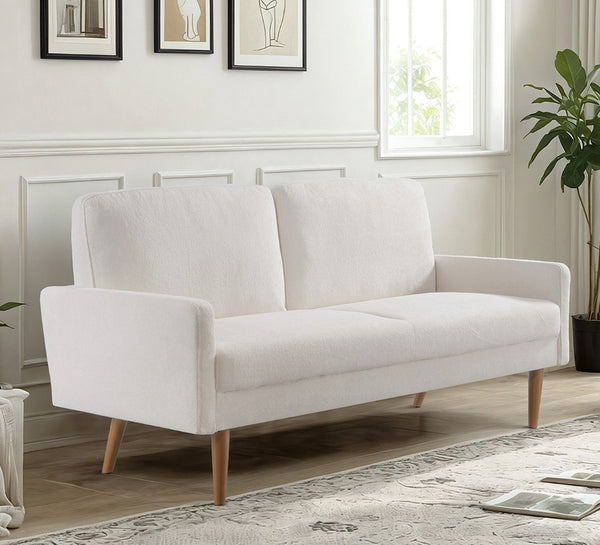 English Elm Velvet Upholstered Three Seat Sofa with Tapered Rubberwood Legs Mid Century European Style Ivory B2735P291969