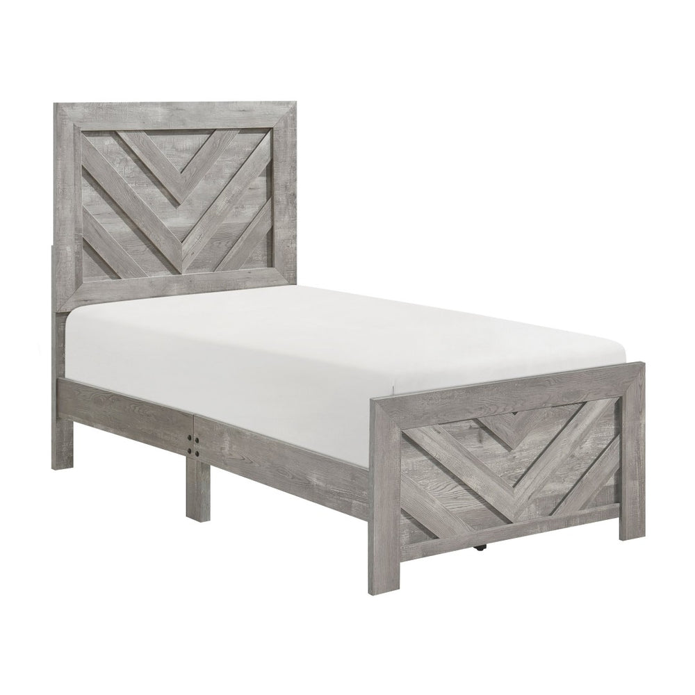 English Elm Contemporary Rustic V-pattern Panel Bed Twin Frame with Weathered Wood Grain Veneer Gray B011P250478