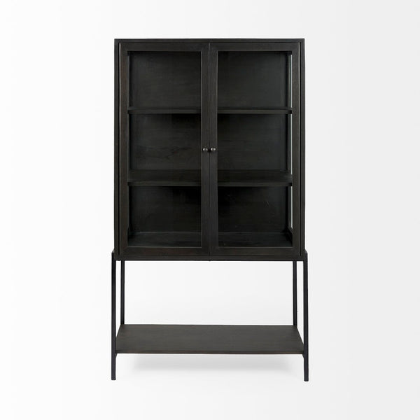 Mercana Arelius 36" Wide Display Cabinet with Solid Mango Wood and Glass Panels for Modern Homes and Offices Black-Brown Wood | Black Metal 69210