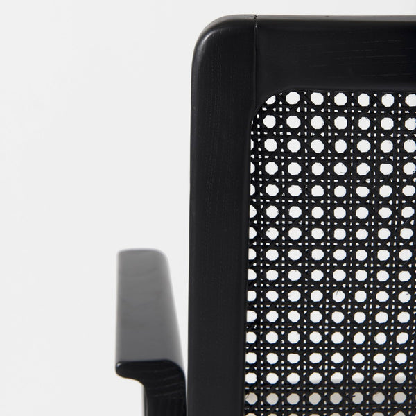 Mercana Clara Armless Dining Chair with Woven Cane Back and Cushioned Seat for Coastal and Boho Spaces Cream Fabric |Black Wood (Armchair) 69352