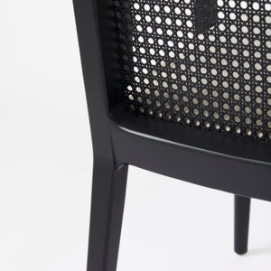 Mercana Clara Armless Dining Chair with Woven Cane Back and Cushioned Seat for Coastal and Boho Spaces Cream Fabric |Black Wood (Armchair) 69352