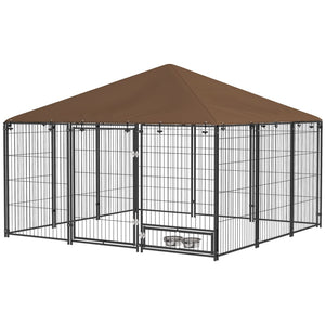 English Elm Pawhut Outdoor Steel Wire Dog Kennel with Canopy Roof and Rotating Feeding Bowl W2225P229078