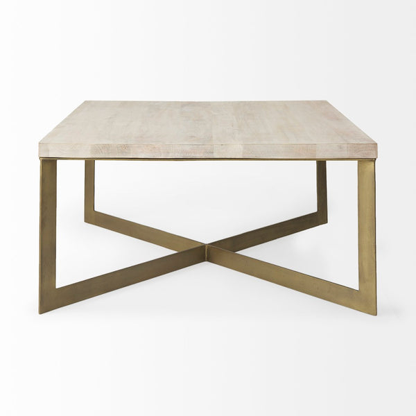 Mercana Faye Square Coffee Table with Solid Wood Top and Antique Gold Base for Elegant Living Spaces Beige Wood | Gold Metal 69180