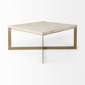 Mercana Faye Square Coffee Table with Solid Wood Top and Antique Gold Base for Elegant Living Spaces Beige Wood | Gold Metal 69180