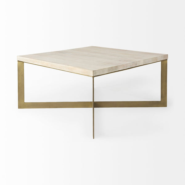 Mercana Faye Square Coffee Table with Solid Wood Top and Antique Gold Base for Elegant Living Spaces Beige Wood | Gold Metal 69180