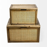 Mercana Sonny 23.6L x 15.7W x 13.8H Set of Two Brown Wood and Wicker W/ Metal Detail Rectangular Boxes 69529