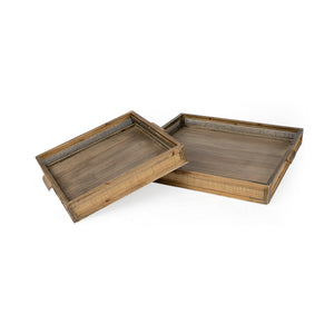 Mercana Sonny 23.6L x 23.6W x 2.0H Set of Two Brown Wood and Wicker Square Trays 69530