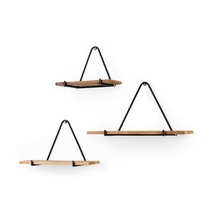 Mercana Khufu 18.9L x 5.5W x 10.2H Set of Three Brown Wood W/ Black Metal Triangular Hanging Shelves 69531