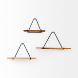 Mercana Khufu 18.9L x 5.5W x 10.2H Set of Three Brown Wood W/ Black Metal Triangular Hanging Shelves 69531