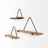 Mercana Khufu 18.9L x 5.5W x 10.2H Set of Three Brown Wood W/ Black Metal Triangular Hanging Shelves 69531