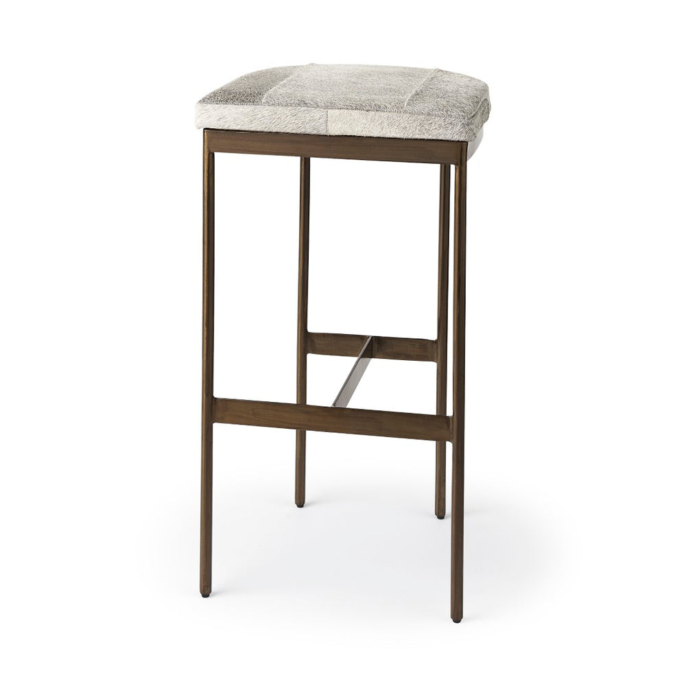 Mercana Millie Elegant Hair-On-Hide Seat Counter Stool with Stylish Gold Frame for Modern Farmhouse Charm Gray Hair-On-Hide | Gold Metal | Bar 69385