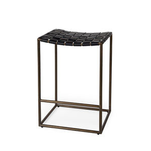 Mercana Clarissa Dark Brown Woven Leather Counter Stool with Sturdy Black Iron Frame for Modern Spaces Black Leather | Gold Metal | Counter 69392