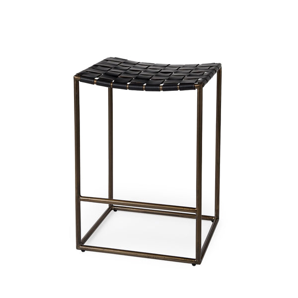 Mercana Clarissa Dark Brown Woven Leather Counter Stool with Sturdy Black Iron Frame for Modern Spaces Black Leather | Gold Metal | Counter 69392