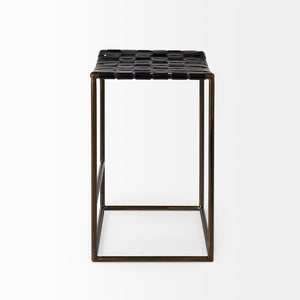 Mercana Clarissa Dark Brown Woven Leather Counter Stool with Sturdy Black Iron Frame for Modern Spaces Black Leather | Gold Metal | Counter 69392