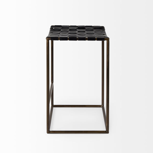 Mercana Clarissa Dark Brown Woven Leather Counter Stool with Sturdy Black Iron Frame for Modern Spaces Black Leather | Gold Metal | Counter 69392