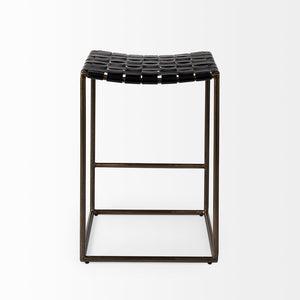 Mercana Clarissa Dark Brown Woven Leather Counter Stool with Sturdy Black Iron Frame for Modern Spaces Black Leather | Gold Metal | Counter 69392