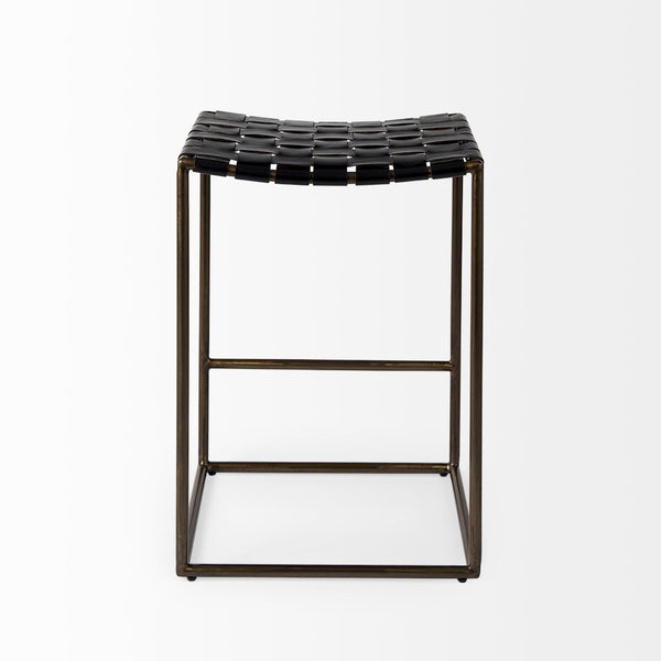 Mercana Clarissa Dark Brown Woven Leather Counter Stool with Sturdy Black Iron Frame for Modern Spaces Black Leather | Gold Metal | Counter 69392