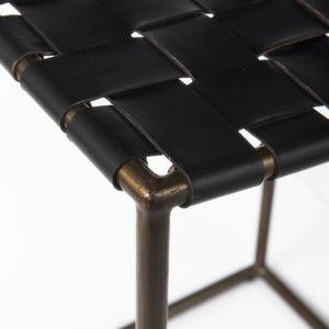 Mercana Clarissa Dark Brown Woven Leather Counter Stool with Sturdy Black Iron Frame for Modern Spaces Black Leather | Gold Metal | Counter 69392