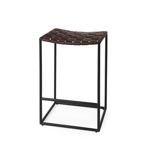 Mercana Clarissa Dark Brown Woven Leather Counter Stool with Sturdy Black Iron Frame for Modern Spaces Brown Leather | Black Metal | Counter 69393