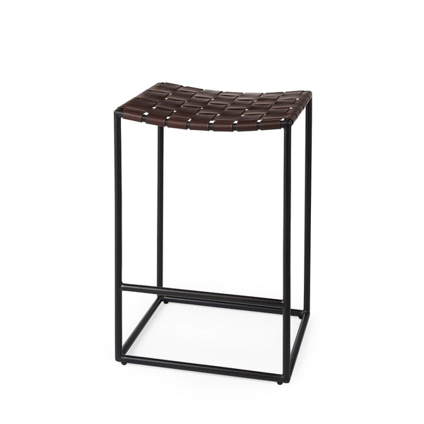 Mercana Clarissa Dark Brown Woven Leather Counter Stool with Sturdy Black Iron Frame for Modern Spaces Brown Leather | Black Metal | Counter 69393