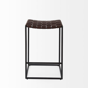 Mercana Clarissa Dark Brown Woven Leather Counter Stool with Sturdy Black Iron Frame for Modern Spaces Brown Leather | Black Metal | Counter 69393