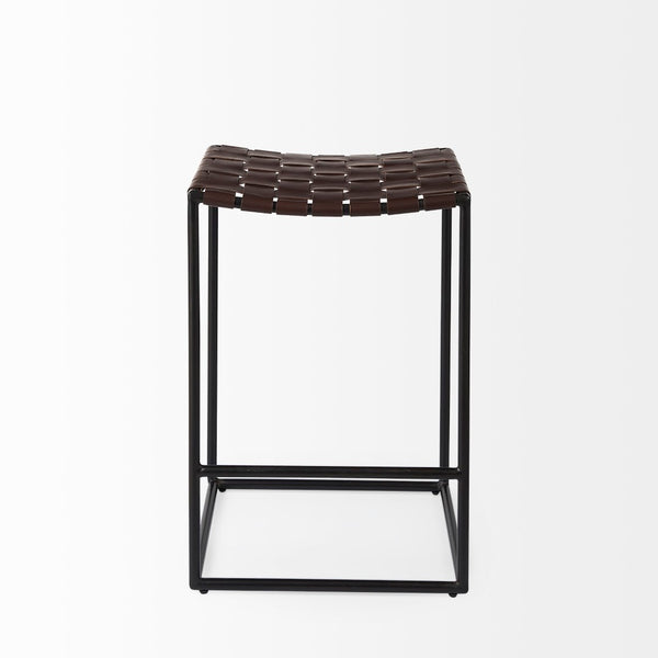 Mercana Clarissa Dark Brown Woven Leather Counter Stool with Sturdy Black Iron Frame for Modern Spaces Brown Leather | Black Metal | Counter 69393